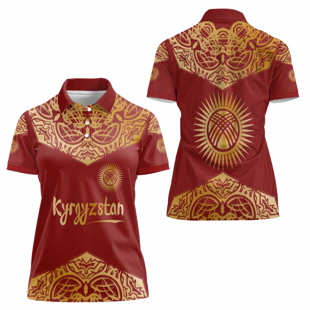 Kyrgyzstan National Symbol Women Polo Shirt Traditional Golden Pattern in Red and Gold