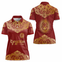 Kyrgyzstan National Symbol Women Polo Shirt Traditional Golden Pattern in Red and Gold