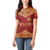 Kyrgyzstan National Symbol Women Polo Shirt Traditional Golden Pattern in Red and Gold