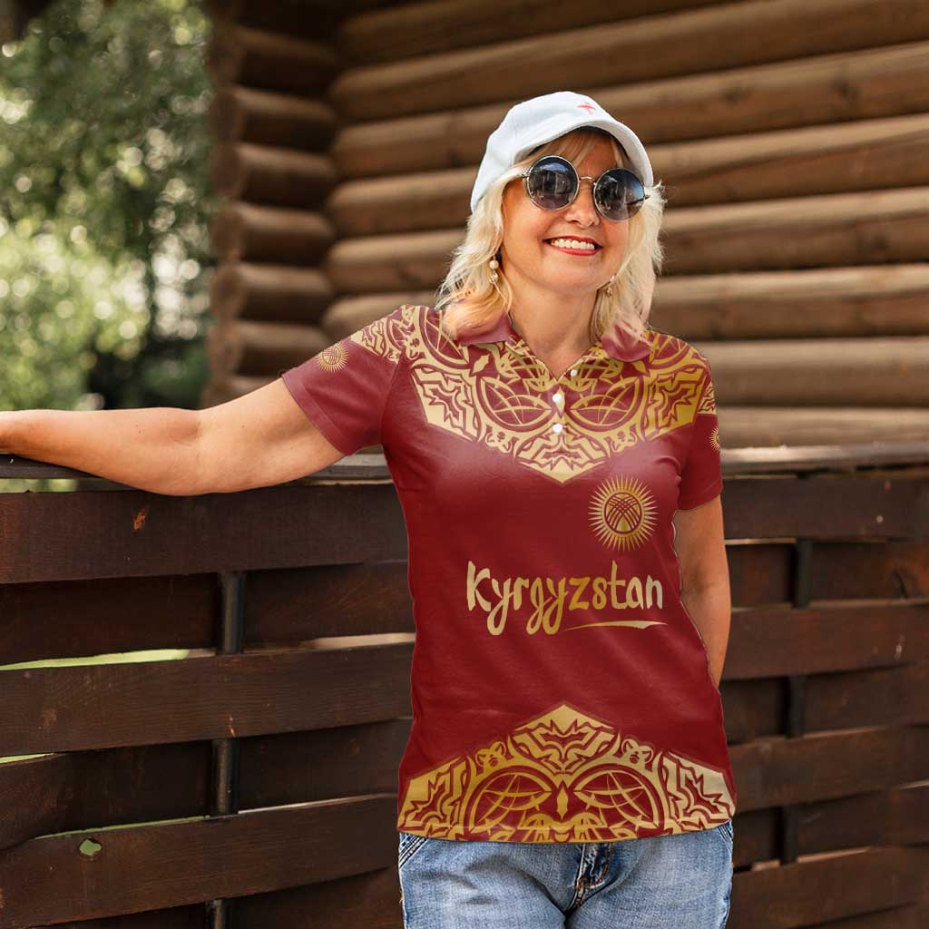 Kyrgyzstan National Symbol Women Polo Shirt Traditional Golden Pattern in Red and Gold