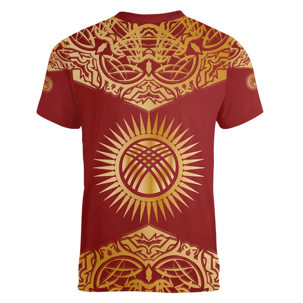 Kyrgyzstan National Symbol Women V-Neck T-Shirt Traditional Golden Pattern in Red and Gold