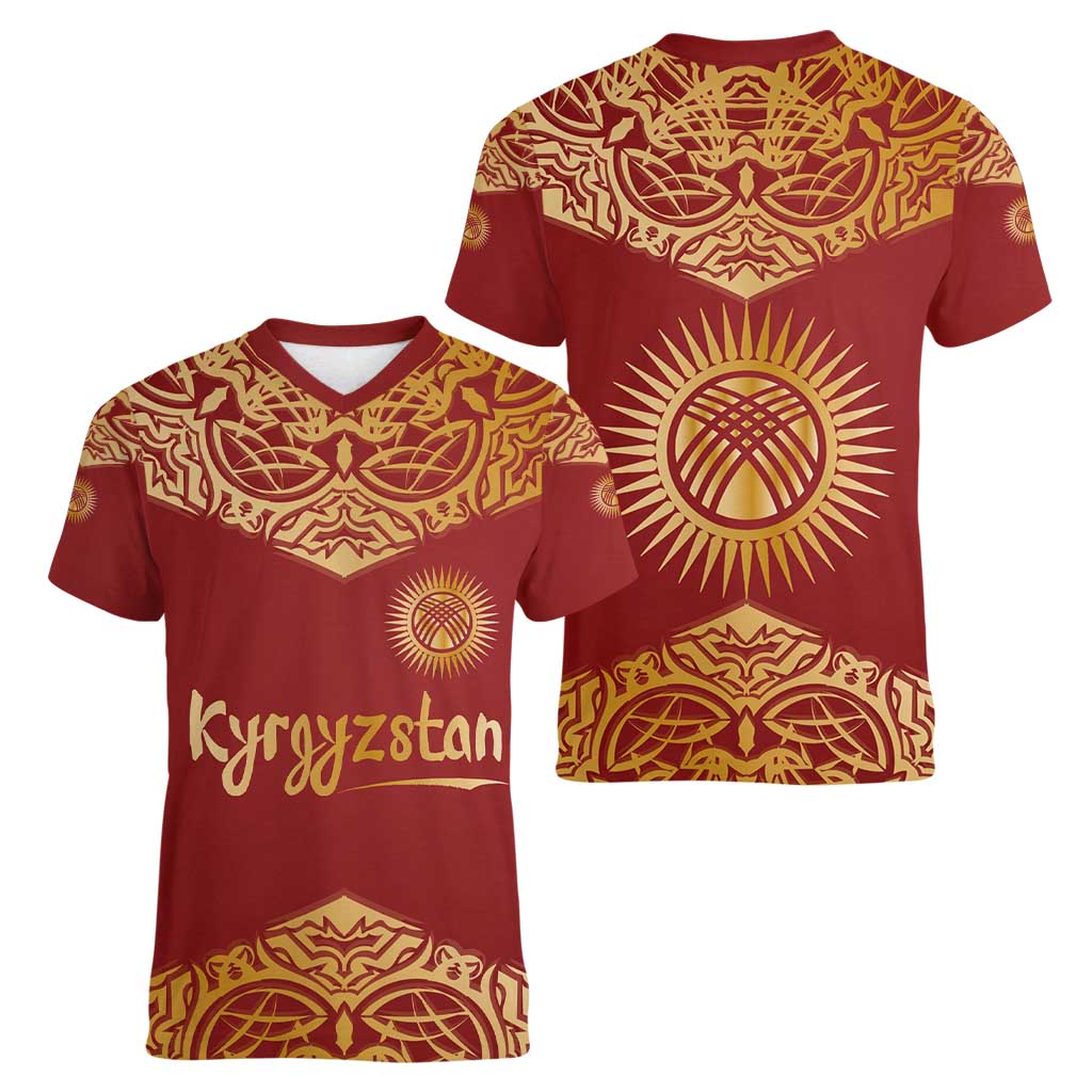 Kyrgyzstan National Symbol Women V-Neck T-Shirt Traditional Golden Pattern in Red and Gold