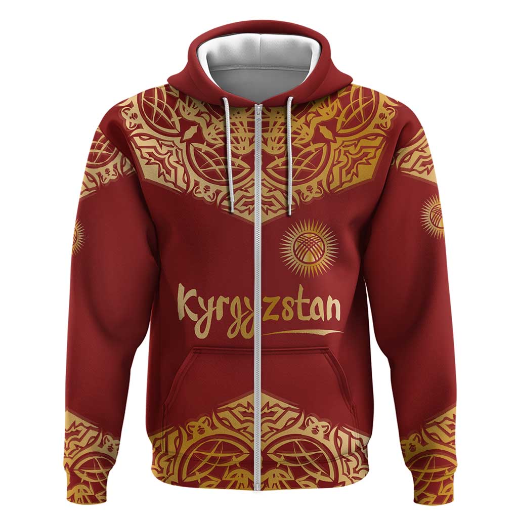 Kyrgyzstan National Symbol Zip Hoodie Traditional Golden Pattern in Red and Gold