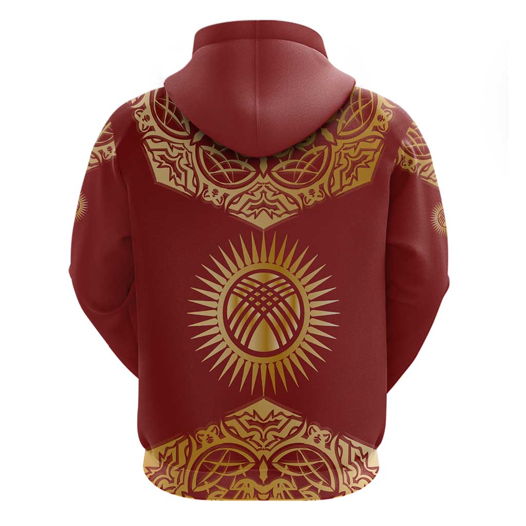 Kyrgyzstan National Symbol Zip Hoodie Traditional Golden Pattern in Red and Gold