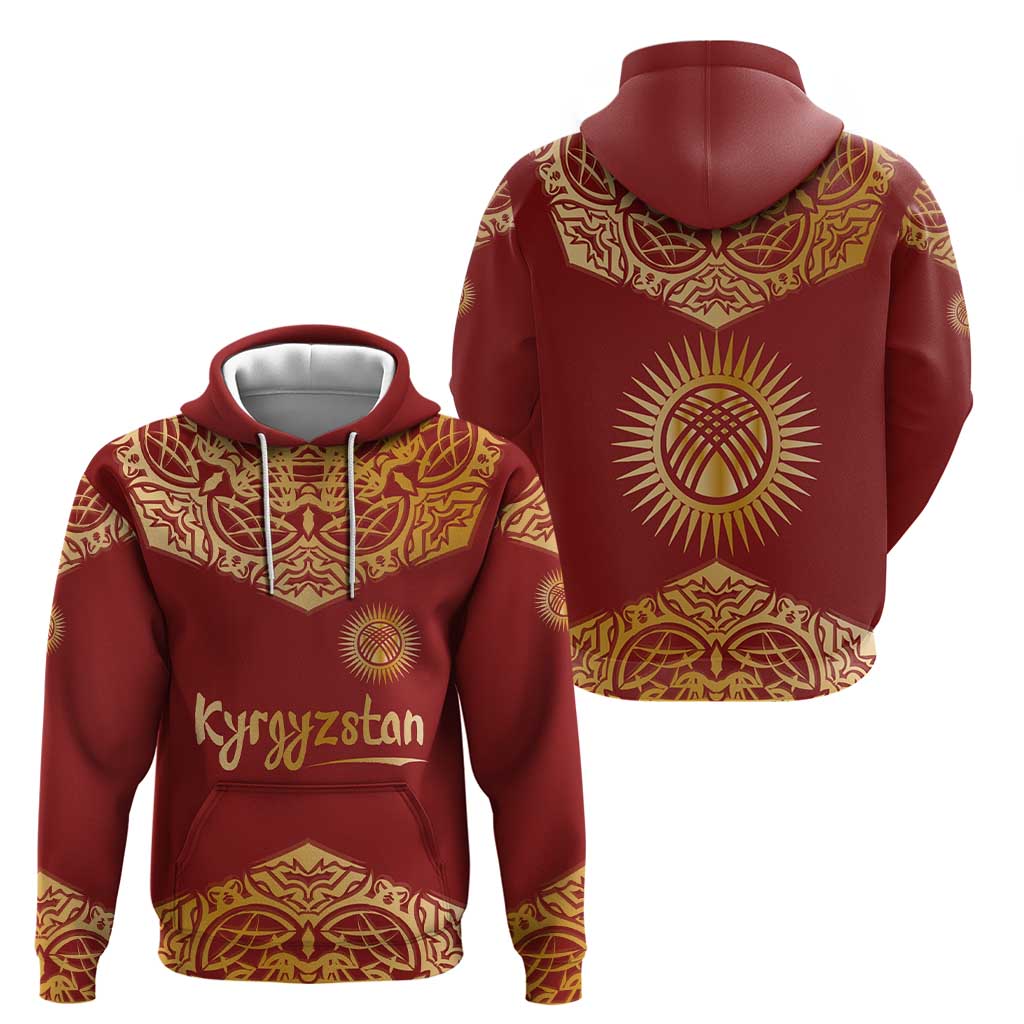 Kyrgyzstan National Symbol Zip Hoodie Traditional Golden Pattern in Red and Gold