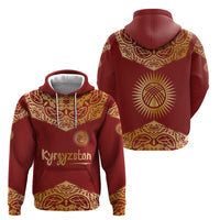 Kyrgyzstan National Symbol Zip Hoodie Traditional Golden Pattern in Red and Gold
