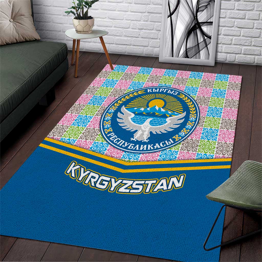 Kyrgyzstan Colorful Patchwork Pattern Area Rug with National Crest and Flag Accents