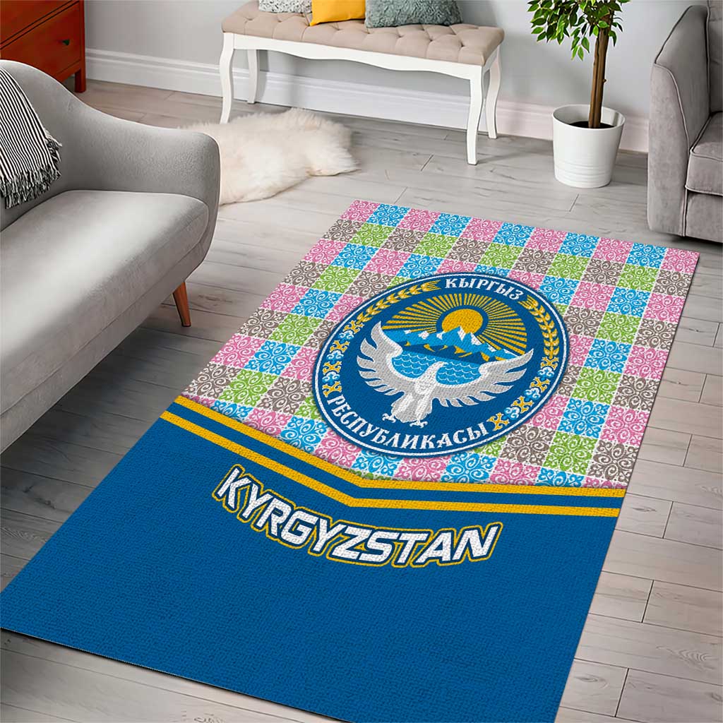Kyrgyzstan Colorful Patchwork Pattern Area Rug with National Crest and Flag Accents