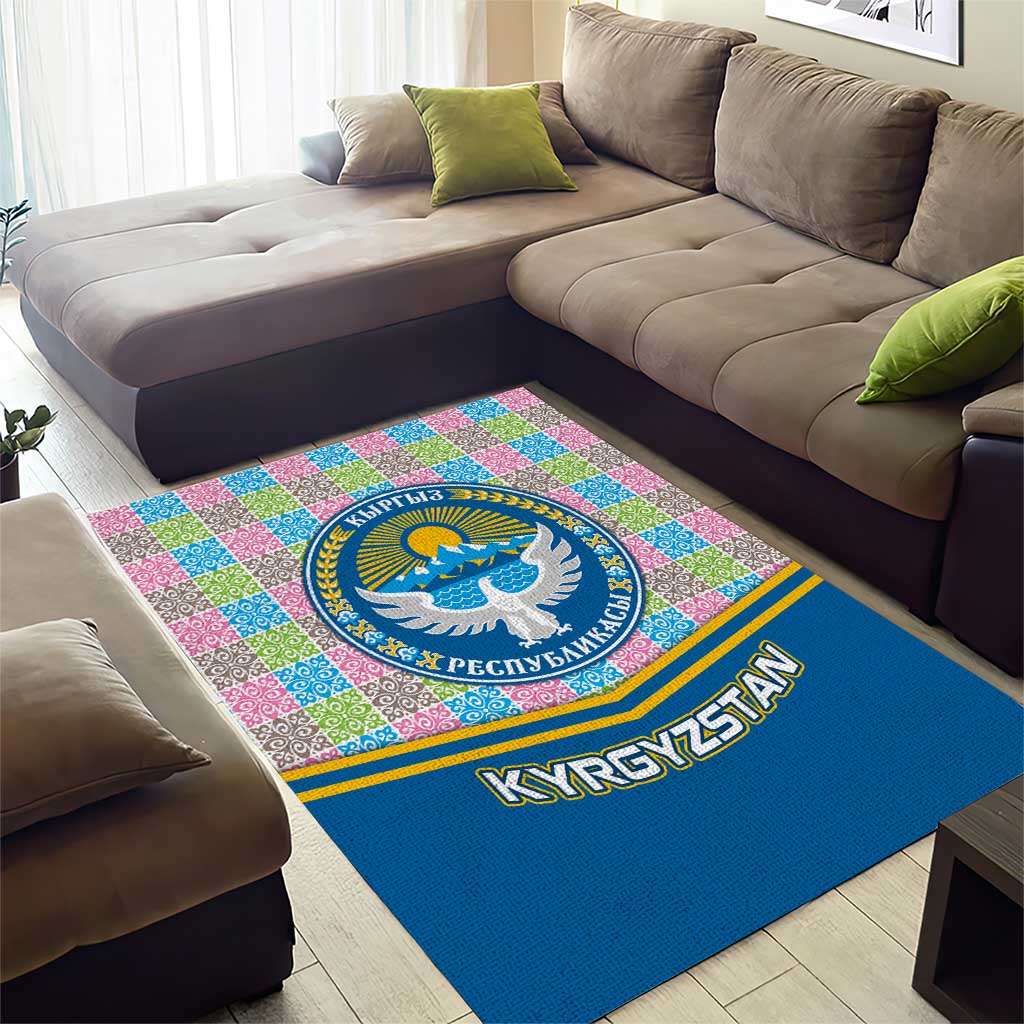 Kyrgyzstan Colorful Patchwork Pattern Area Rug with National Crest and Flag Accents
