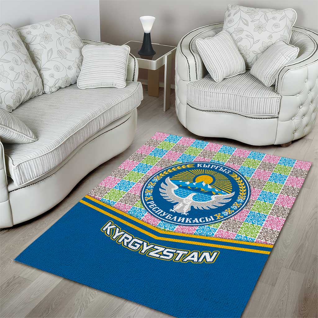 Kyrgyzstan Colorful Patchwork Pattern Area Rug with National Crest and Flag Accents