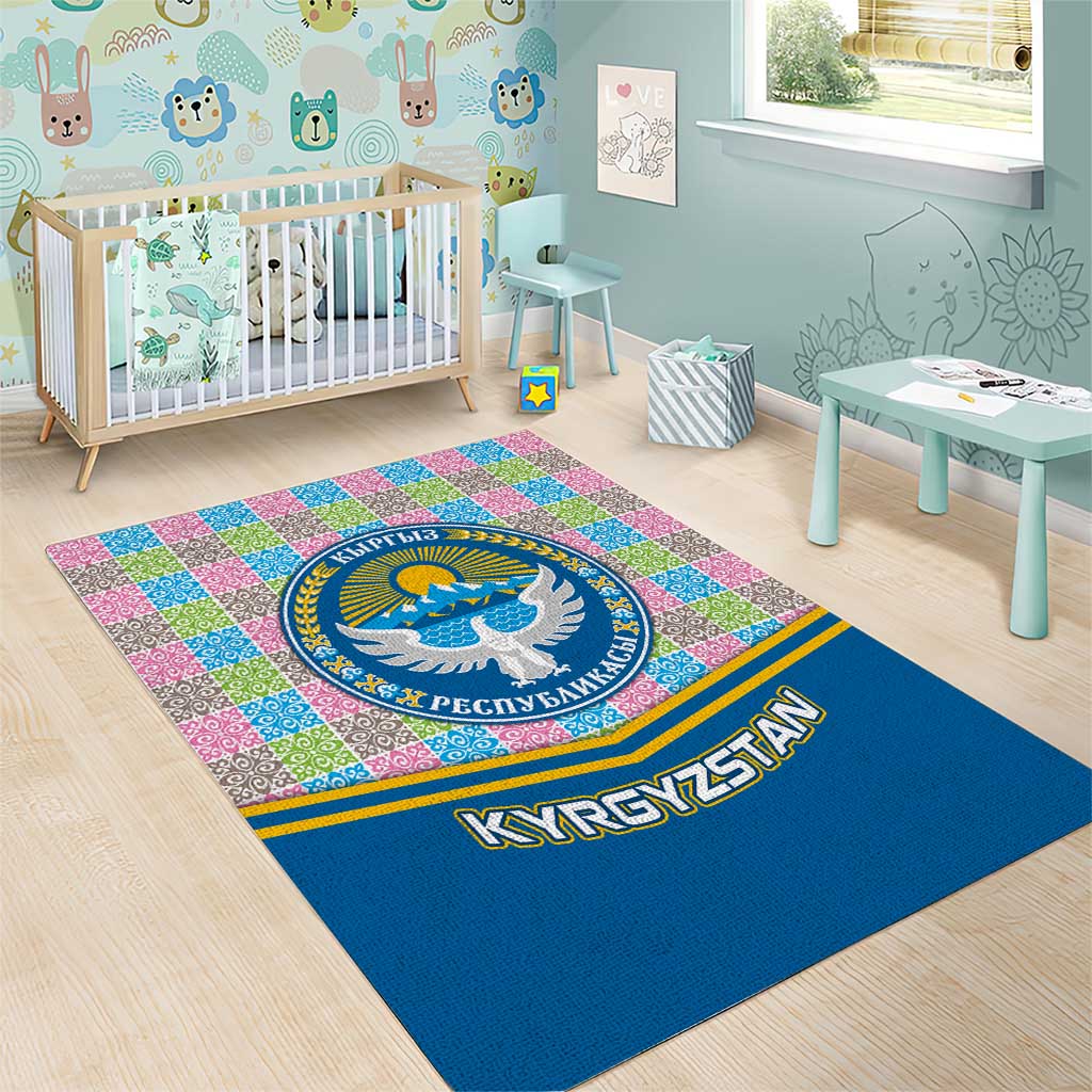 Kyrgyzstan Colorful Patchwork Pattern Area Rug with National Crest and Flag Accents