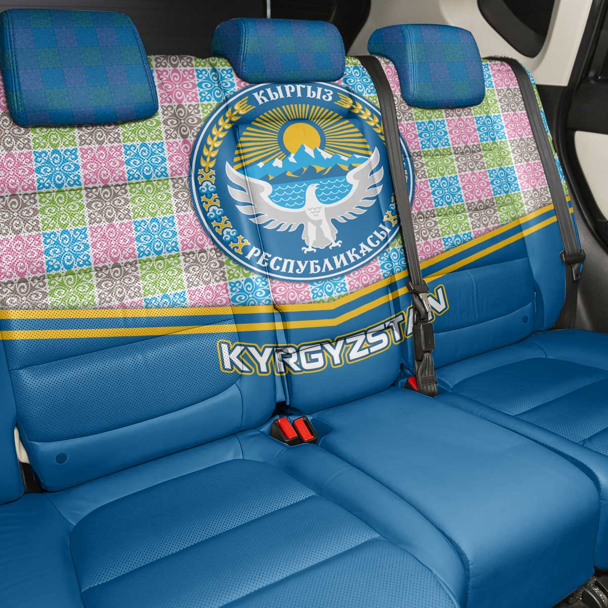 Kyrgyzstan Colorful Patchwork Pattern Back Car Seat Cover with National Crest and Flag Accents