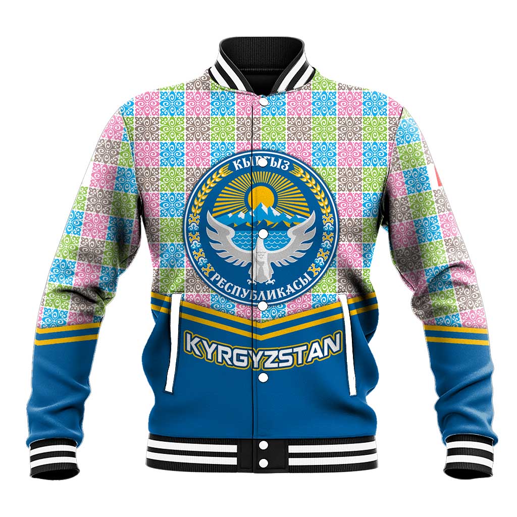 Kyrgyzstan Colorful Patchwork Pattern Baseball Jacket with National Crest and Flag Accents