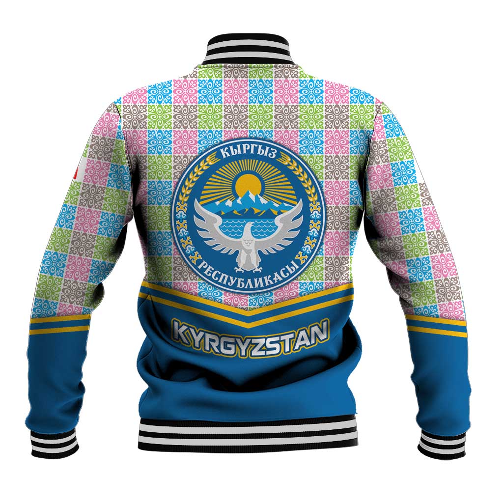 Kyrgyzstan Colorful Patchwork Pattern Baseball Jacket with National Crest and Flag Accents