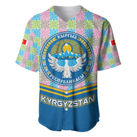 Kyrgyzstan Colorful Patchwork Pattern Baseball Jersey with National Crest and Flag Accents