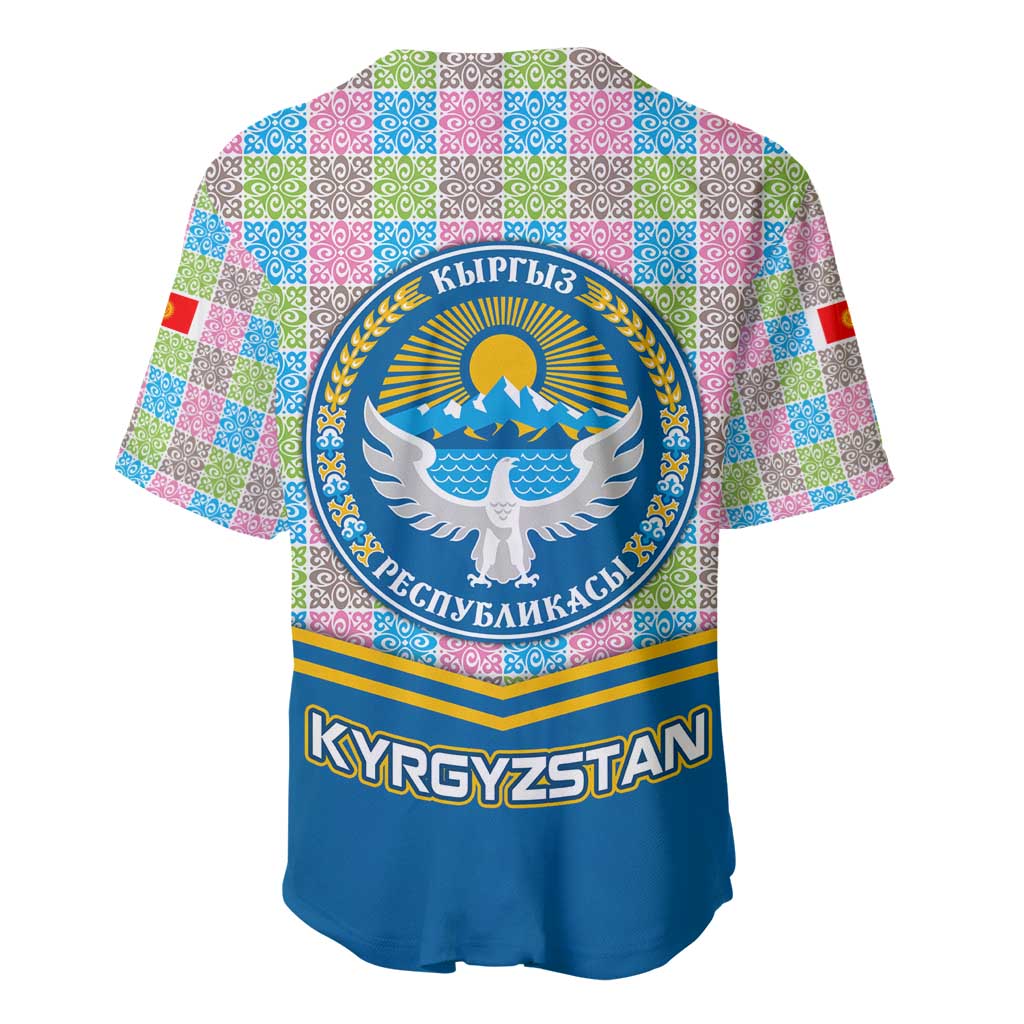 Kyrgyzstan Colorful Patchwork Pattern Baseball Jersey with National Crest and Flag Accents
