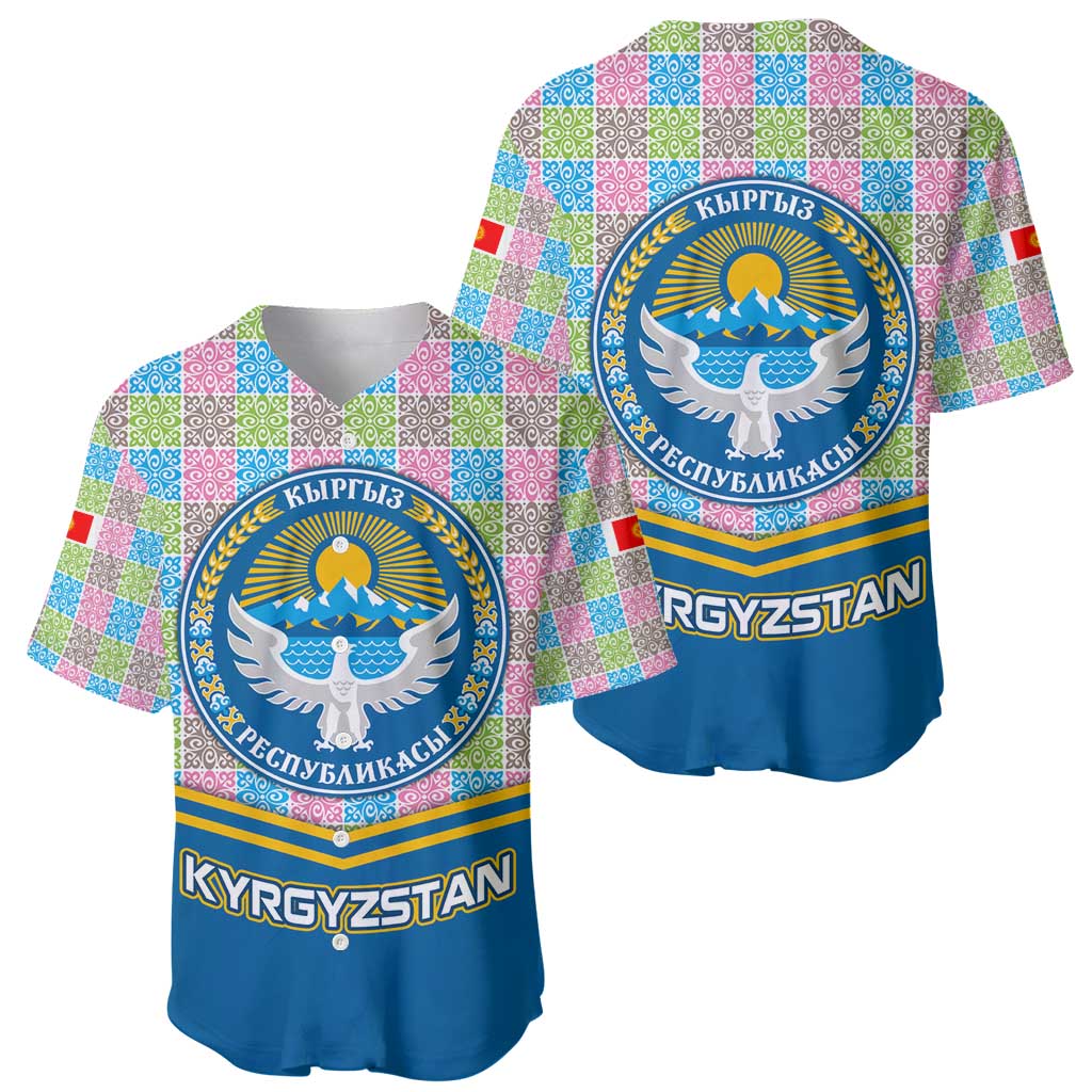Kyrgyzstan Colorful Patchwork Pattern Baseball Jersey with National Crest and Flag Accents