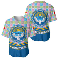 Kyrgyzstan Colorful Patchwork Pattern Baseball Jersey with National Crest and Flag Accents