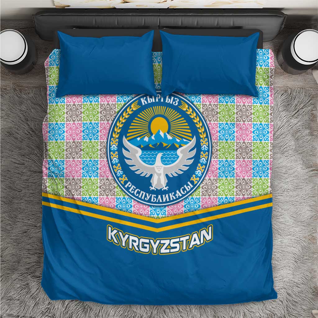 Kyrgyzstan Colorful Patchwork Pattern Bedding Set with National Crest and Flag Accents