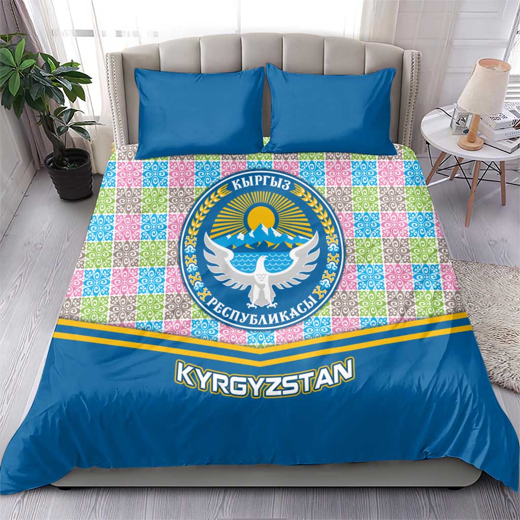 Kyrgyzstan Colorful Patchwork Pattern Bedding Set with National Crest and Flag Accents