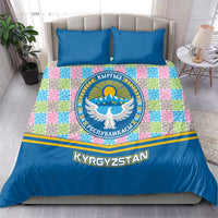Kyrgyzstan Colorful Patchwork Pattern Bedding Set with National Crest and Flag Accents