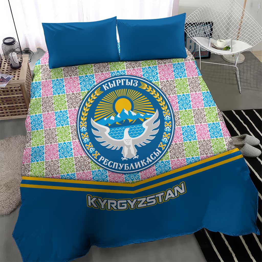 Kyrgyzstan Colorful Patchwork Pattern Bedding Set with National Crest and Flag Accents