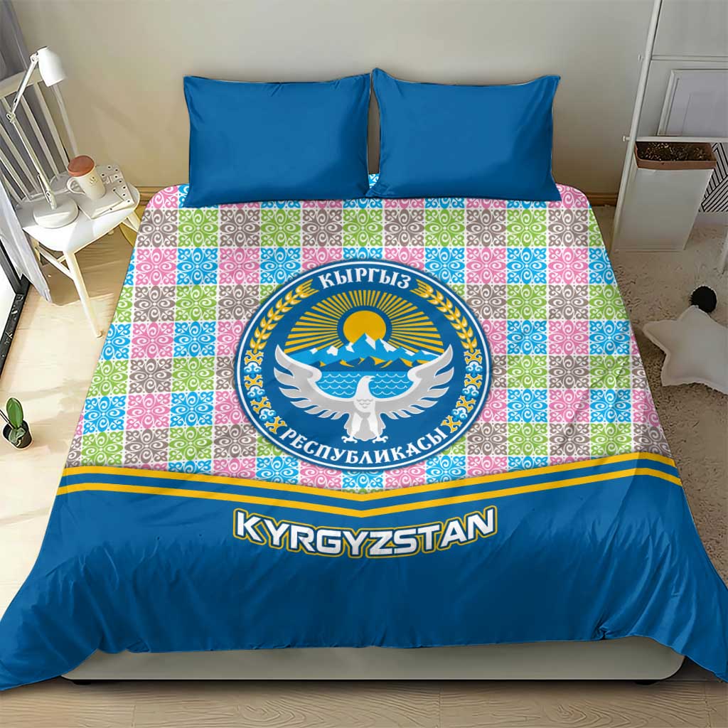 Kyrgyzstan Colorful Patchwork Pattern Bedding Set with National Crest and Flag Accents