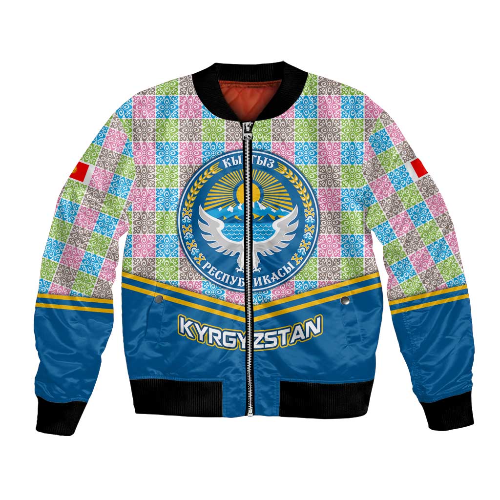 Kyrgyzstan Colorful Patchwork Pattern Bomber Jacket with National Crest and Flag Accents