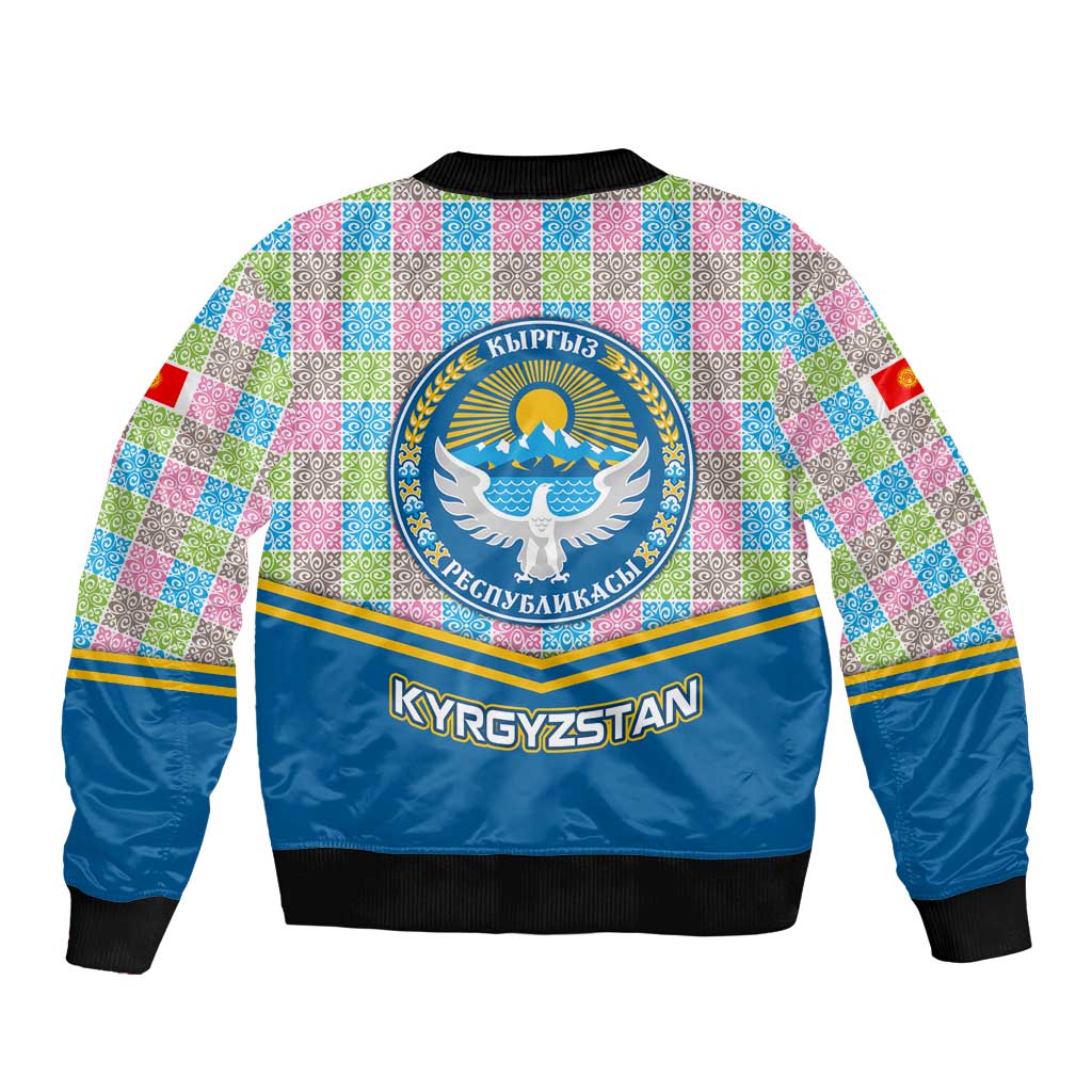 Kyrgyzstan Colorful Patchwork Pattern Bomber Jacket with National Crest and Flag Accents