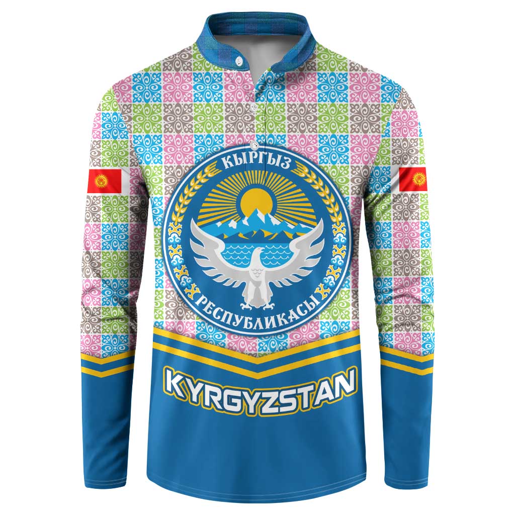 Kyrgyzstan Colorful Patchwork Pattern Button Sweatshirt with National Crest and Flag Accents