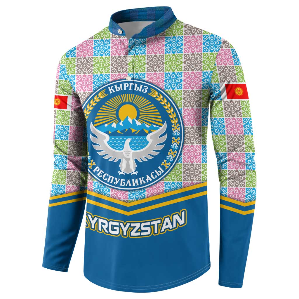 Kyrgyzstan Colorful Patchwork Pattern Button Sweatshirt with National Crest and Flag Accents
