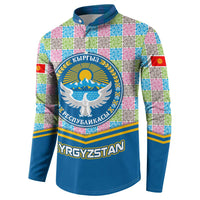 Kyrgyzstan Colorful Patchwork Pattern Button Sweatshirt with National Crest and Flag Accents