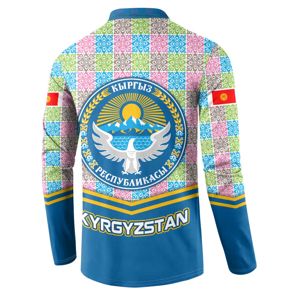 Kyrgyzstan Colorful Patchwork Pattern Button Sweatshirt with National Crest and Flag Accents
