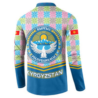 Kyrgyzstan Colorful Patchwork Pattern Button Sweatshirt with National Crest and Flag Accents