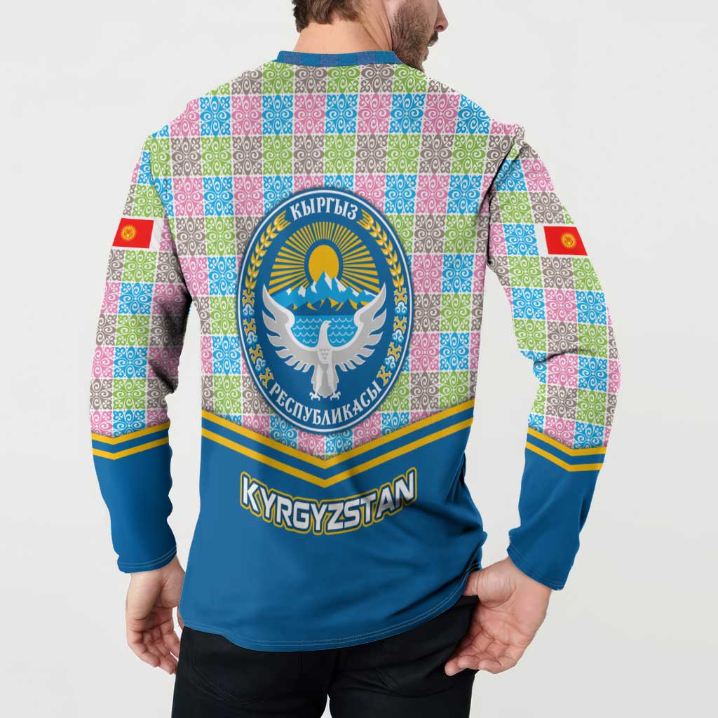 Kyrgyzstan Colorful Patchwork Pattern Button Sweatshirt with National Crest and Flag Accents