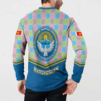 Kyrgyzstan Colorful Patchwork Pattern Button Sweatshirt with National Crest and Flag Accents