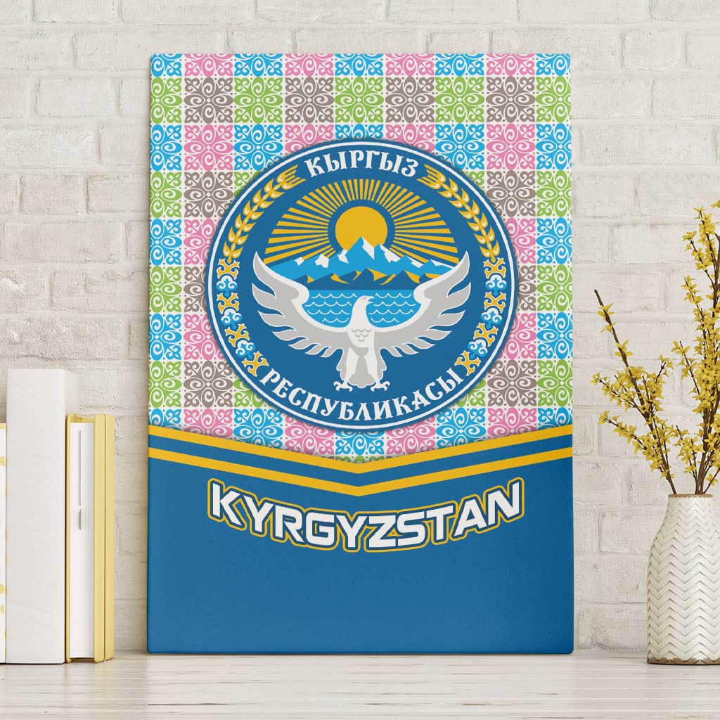 Kyrgyzstan Colorful Patchwork Pattern Canvas Wall Art with National Crest and Flag Accents