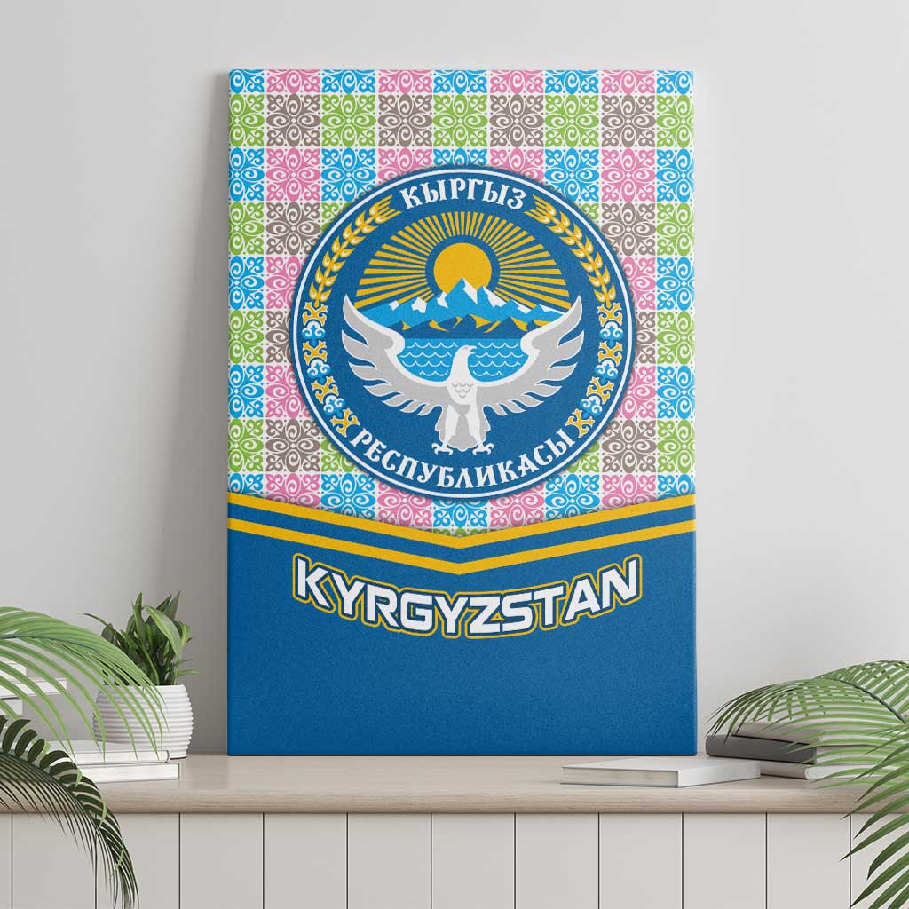 Kyrgyzstan Colorful Patchwork Pattern Canvas Wall Art with National Crest and Flag Accents