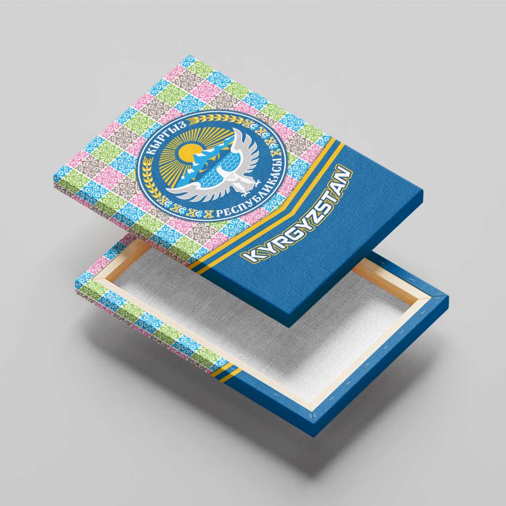 Kyrgyzstan Colorful Patchwork Pattern Canvas Wall Art with National Crest and Flag Accents