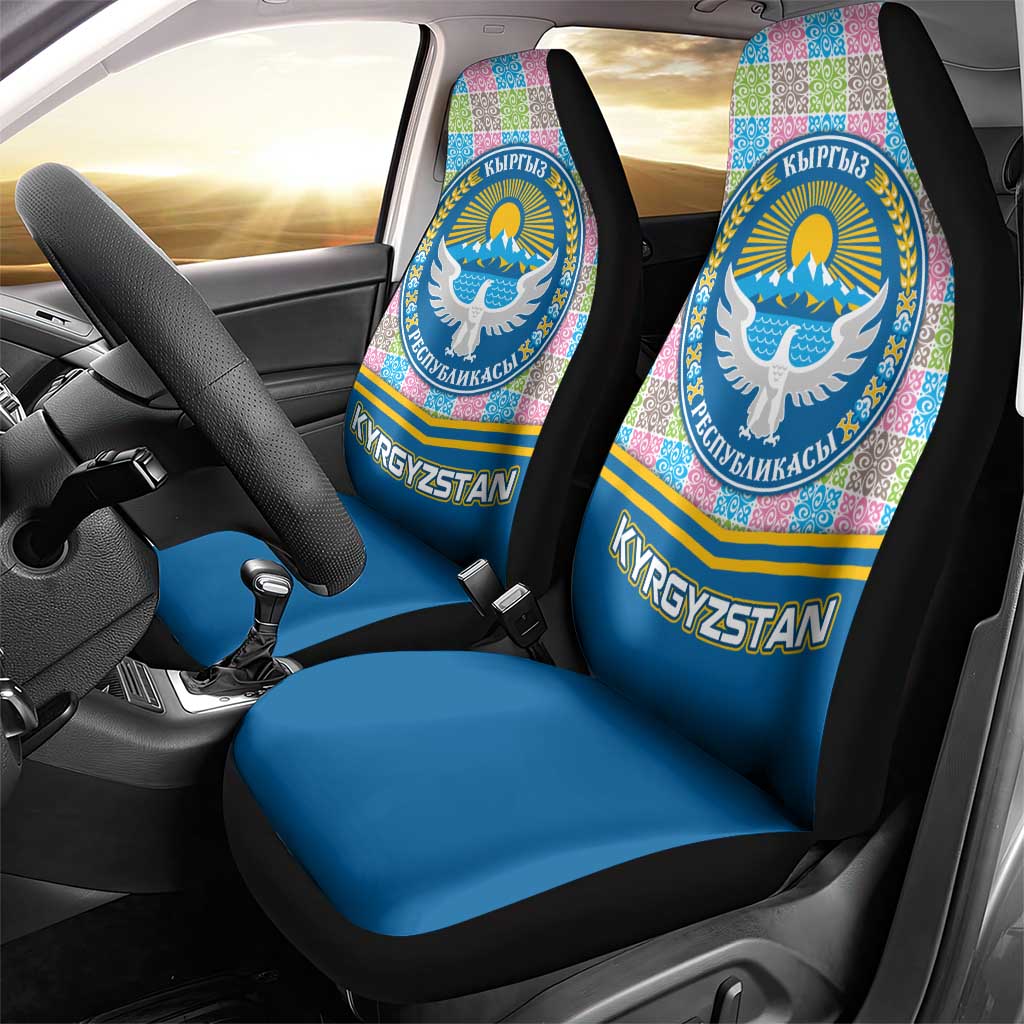 Kyrgyzstan Colorful Patchwork Pattern Car Seat Cover with National Crest and Flag Accents
