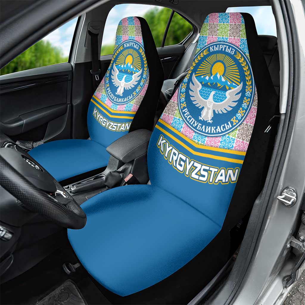 Kyrgyzstan Colorful Patchwork Pattern Car Seat Cover with National Crest and Flag Accents