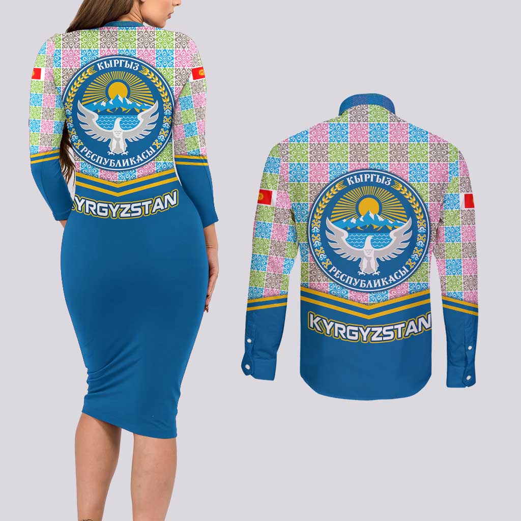 Kyrgyzstan Colorful Patchwork Pattern Couples Matching Long Sleeve Bodycon Dress and Long Sleeve Button Shirt with National Crest and Flag Accents