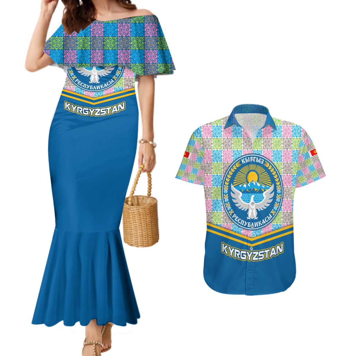 Kyrgyzstan Colorful Patchwork Pattern Couples Matching Mermaid Dress and Hawaiian Shirt with National Crest and Flag Accents