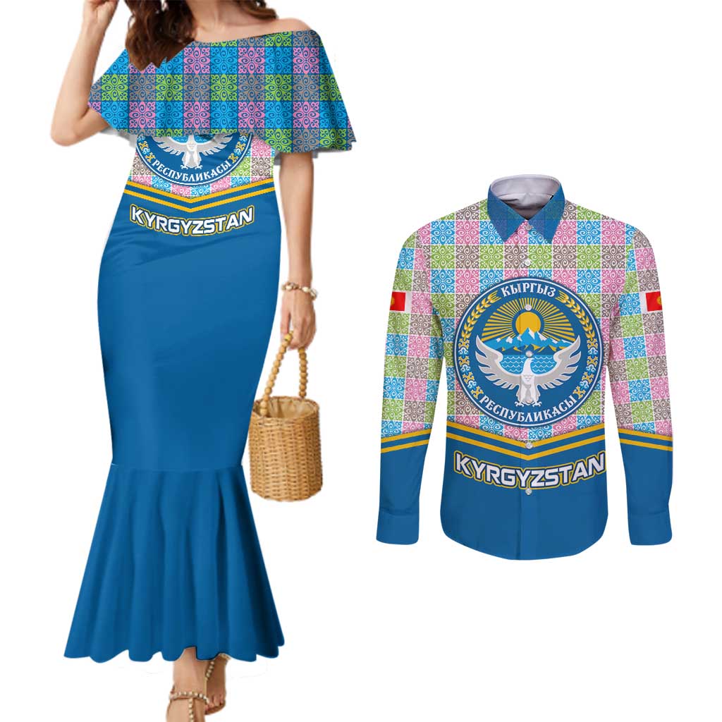 Kyrgyzstan Colorful Patchwork Pattern Couples Matching Mermaid Dress and Long Sleeve Button Shirt with National Crest and Flag Accents