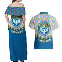 Kyrgyzstan Colorful Patchwork Pattern Couples Matching Off Shoulder Maxi Dress and Hawaiian Shirt with National Crest and Flag Accents