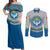 Kyrgyzstan Colorful Patchwork Pattern Couples Matching Off Shoulder Maxi Dress and Long Sleeve Button Shirt with National Crest and Flag Accents