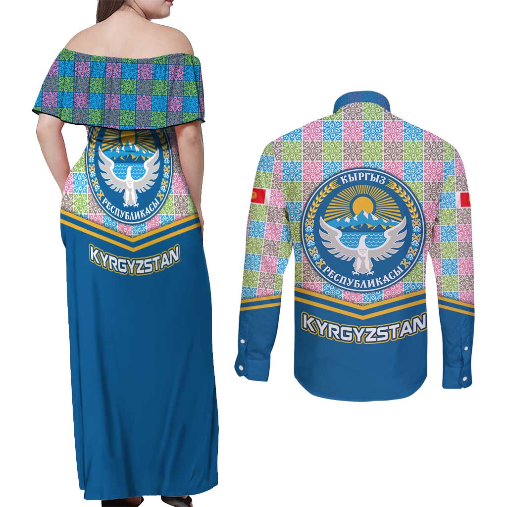Kyrgyzstan Colorful Patchwork Pattern Couples Matching Off Shoulder Maxi Dress and Long Sleeve Button Shirt with National Crest and Flag Accents