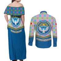 Kyrgyzstan Colorful Patchwork Pattern Couples Matching Off Shoulder Maxi Dress and Long Sleeve Button Shirt with National Crest and Flag Accents