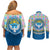 Kyrgyzstan Colorful Patchwork Pattern Couples Matching Off Shoulder Short Dress and Long Sleeve Button Shirt with National Crest and Flag Accents