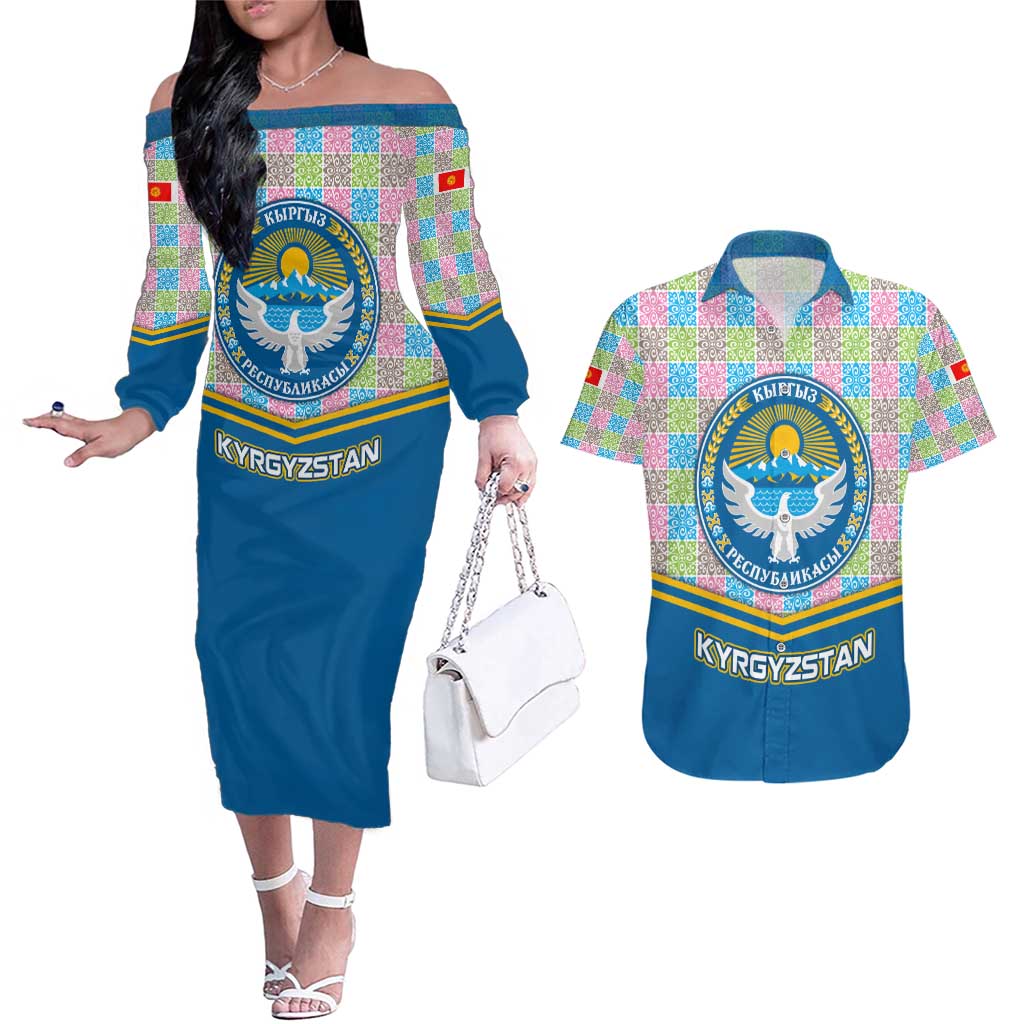 Kyrgyzstan Colorful Patchwork Pattern Couples Matching Off The Shoulder Long Sleeve Dress and Hawaiian Shirt with National Crest and Flag Accents